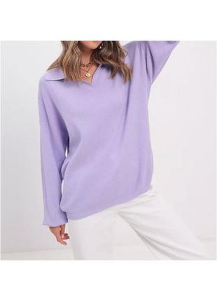Женский свитер оверсайз поло с воротничком сиреневый 44-502 фото