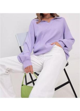 Женский свитер оверсайз поло с воротничком сиреневый 44-508 фото