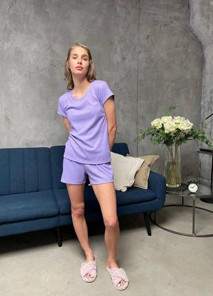 Пижама женская с шортами и футболкой рубчик antana лиловый/синий