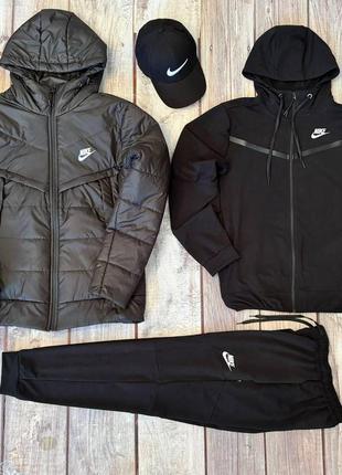 Мужской спортивный костюм nike tech набор костюм + куртка + кепка черный найк теч весенний осенний (b)