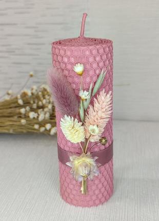 Свічки із натуральної вощини у рожевих тонах із сухоцвітом, подарунок на 8 березня7 фото
