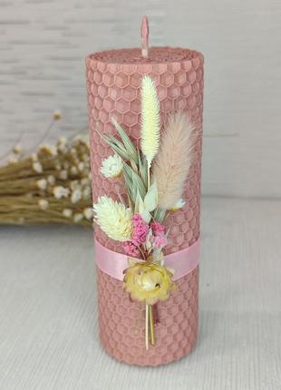 Свічки із натуральної вощини у рожевих тонах із сухоцвітом, подарунок на 8 березня5 фото