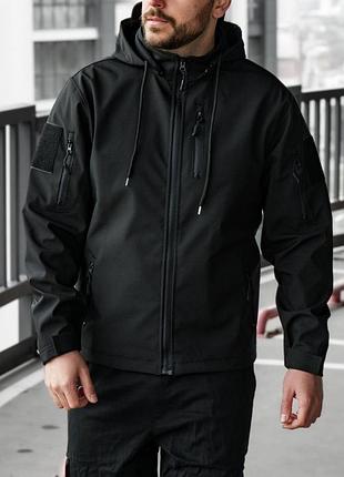 Чоловіча куртка soft shell із капюшоном чорна до -0*с вітровка на флісі весняна осіння (b)