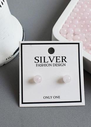 Сережки-гвоздики серебряные розовый кварц, сережки-шарики с натуральным камнем, серебро 925 пробы9 фото