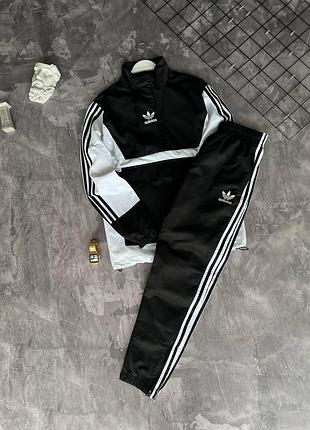 Чоловічий спортивний костюм adidas чорний з білим весняний осінній комплект адідас анорак + штани демісезонний (b)10 фото