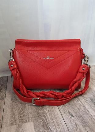 Женская сумка красная из натуральной кожи с плетеной ручкой polina&eiterou. .1 фото