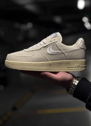 Мужские кроссовки stussy x nike air force 1 low fossil текстильные бежевые найк аир форс весенние осенние (b)1 фото