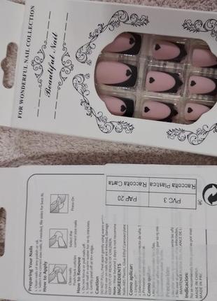 Накладные ногти набор 24 шт сердечки розовые квадрат френч нюд черные короткие средние тренд 2024 стильные современные типсы клей скотч2 фото