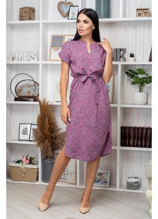 Летнее платье прямого кроя сиреневое в цветочек свободное платье женское с коротким рукавом платье с поясом3 фото