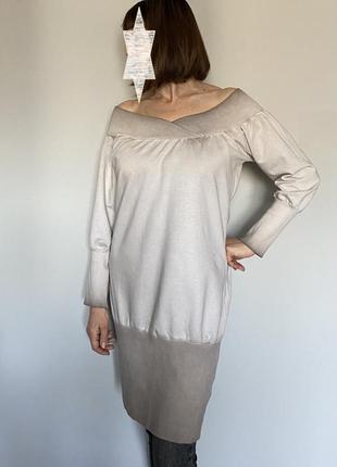 Платье-туника хлопковая молочная с коричневыми переходами  44-463 фото