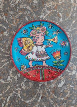 Тарелка керамическая, тарелка из глины, тарелка декор, тарелка декоративная, тарелка с росписью "ангел"1 фото