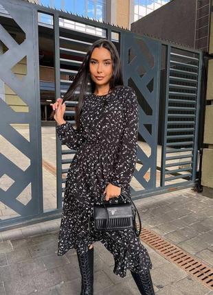 Платье миди талия на резинке вырез круглый рукав длинный на резинке юбка трапеция с воланом по низу ткань софт