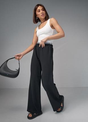 Трикотажные женские брюки с двойным поясом - черный цвет, m (есть размеры)6 фото