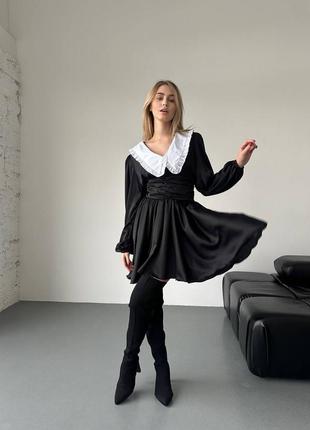 Платье шёлковое чёрное с белым воротником короткое с пышной юбкой с рукавами фонариками приталенное корсетное с широким поясом шелк кукольное5 фото