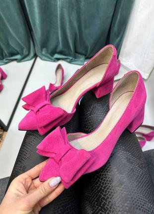 Фуксія малинові рожеві туфлі човники з бантиком з натуральної замші