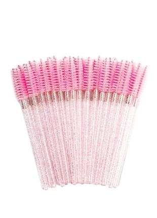 Щіточки нейлонові для брів та вій, рожеві з прозорим гліттером, 50 шт/уп
