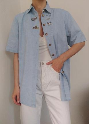 Винтажная рубашка хлопок блуза голубая рубашка коттон оверсайссорочка с вышивкой короткий рукав4 фото