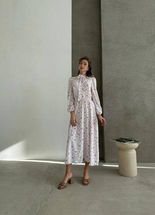 Легенька квіткова сукня міді з бантом на шиї3 фото