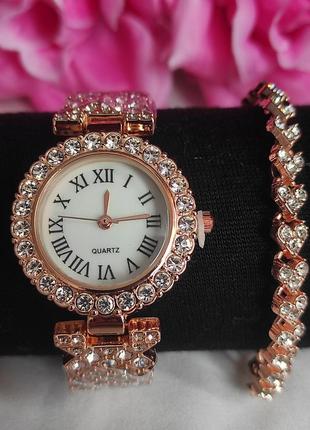 Нереально красивый женский набор аксессуаров, часы+браслет с камнями 💎😍