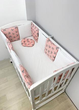 Комплект в кроватку-простынь с подушкой и плоские бортики на 4 стороны 120х60-персиковый с бабочками