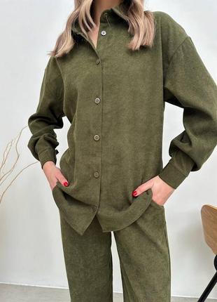 Вельветовый женский классический комплект рубашка и широкие брюки оверсайз свободного кроя весенний костюм3 фото
