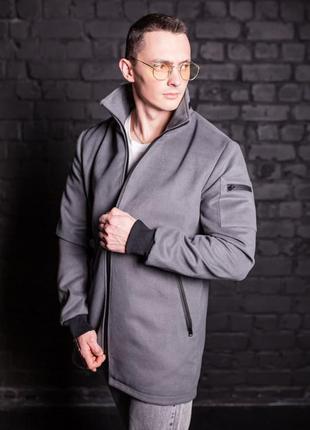 Мужская серая удлиненная куртка пальто из кашемира воротник стойка, на молнии