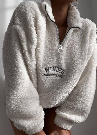 Топова хутряна жіноча кофта з коміром на блискавці батнік тедді оверсайз з вишивкою