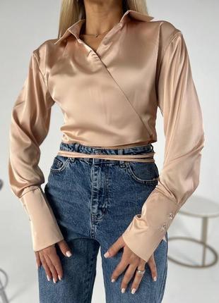 Рубашка шелковая блуза блузка короткая укороченная шнуровка завязка манжет длинный рукав на запах воротник2 фото