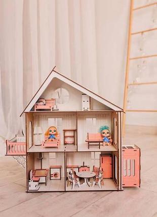 Дом для барби, домик для кукол деревянный, с мебелью для лолл, кукольный домик с лифом2 фото