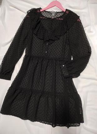 Романтичное черное платье с рюшами до длинного рукава пышные низ юбка воланом полупрозрачная на пуговицах5 фото