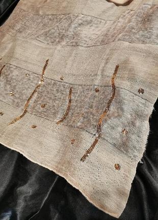 Шёлковый с шерстью пайетками шарф нюд нюдовый в полоску в бохо стиле паутинка сетка шерстяной шёлк6 фото