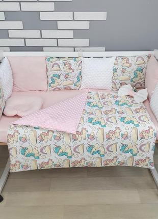 Комплект постільної білизни на три сторони ліжечка 120х60 см 13 пр. - єдинороги рожево-м'ятні4 фото