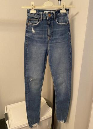 Скинни xs/s zara женские джинсы с высокой посадкой скини в обтяжку с потертостями штаны зара темно синие