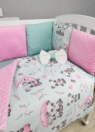 Комплект постельного  с одеялом-конвертом и бортиками на 3 стороны кроватки 120х60см - панды мятно-р4 фото