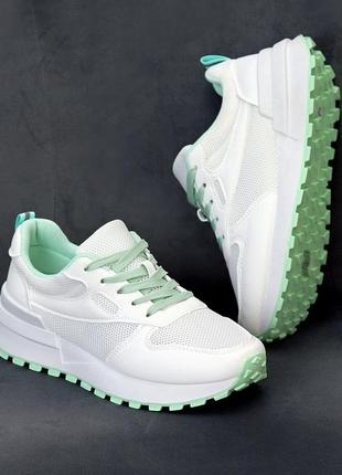 Повседневные женские кроссовки, текстиль + сетка, дышащее в комбинированным  цвете белые з зеленым (