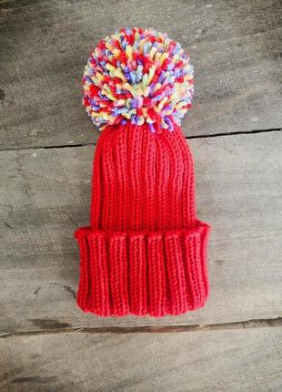 Красная шапка с ярким бомбоном handmade (one size)