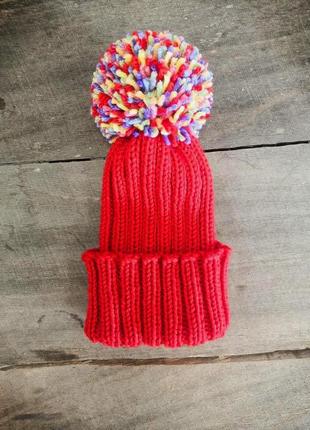Красная шапка с ярким бомбоном handmade (one size)
