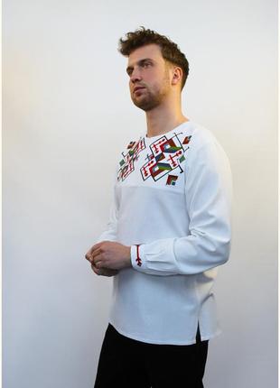 Сорочка вишиванка чоловіча біла лляна «geometrychna» з кольоровою вишивкою4 фото
