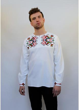 Сорочка вишиванка чоловіча біла лляна «geometrychna» з кольоровою вишивкою1 фото