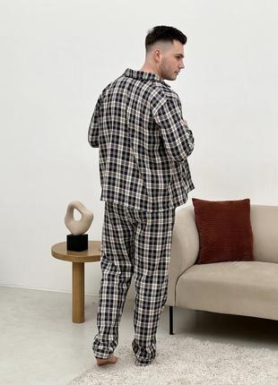 Піжама чоловіча cosy домашній костюм з фланелі (штани+сорочка) клітина темно-синя/кремова2 фото