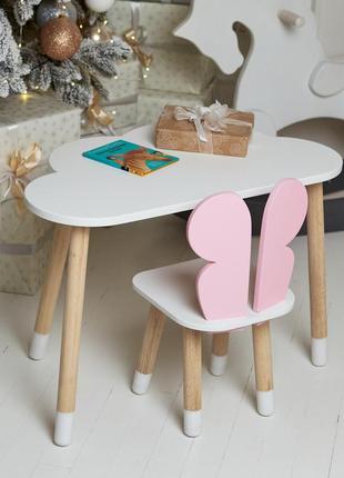 Детский белый стол тучка и стул бабочка розовый. белоснежный столик детский.