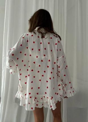 Домашній мусліновий  комплект трійка шорти+топ+сорочка з сердечками літня бавовняна піжама xs s m l 42 44 466 фото