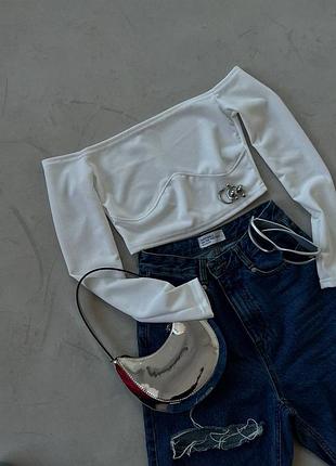 Стильный мини топ в рубчик с открытыми плечами❤️ однотонный с декоративным швом