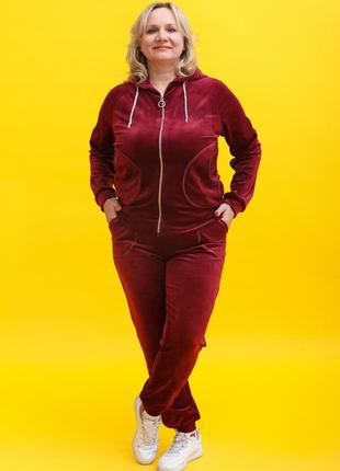 Женский красивый велюровый костюм с капюшоном zeta-m цвет бордо | комплект кофта и брюки