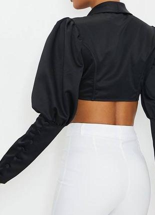 Черный короткий корсетный сатиновый пиджак (блуза)3 фото