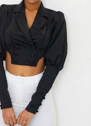 Черный короткий корсетный сатиновый пиджак (блуза)4 фото