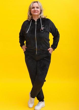 Женский красивый велюровый костюм с капюшоном zeta-m цвет черный  | комплект кофта и брюки