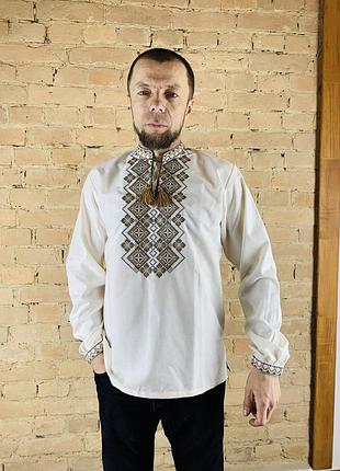 Льняная мужская вышиванка с воротником стойкой на длинный рукав2 фото