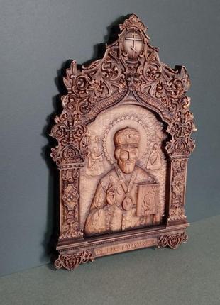 Икона николай чудотворец в резном деревянном киоте размер 18 х 27 см. код/артикул 142 5212 фото