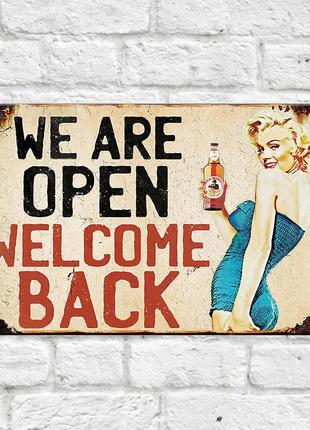 Декоративная металлическая табличка для бара we are open welcome back resteq 20*30см. металлическая вывеска